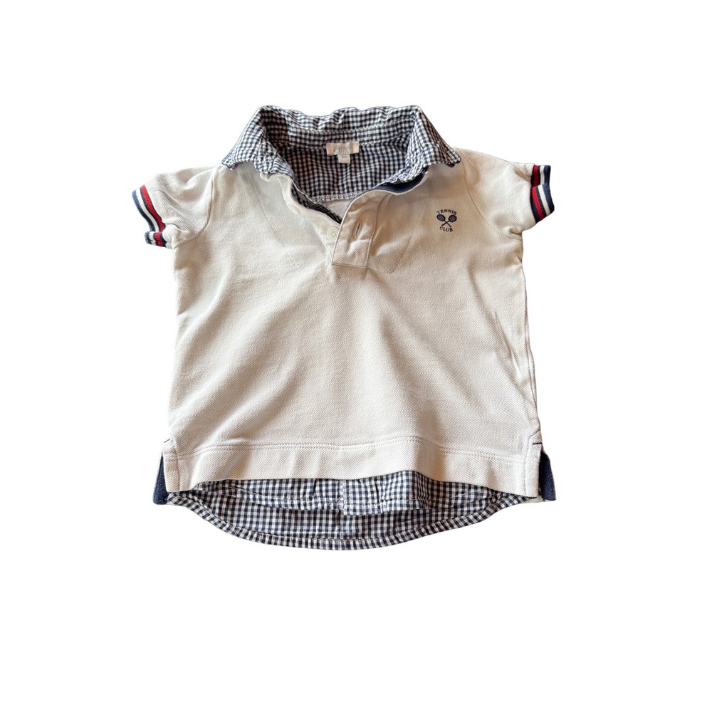 Jacadi Polo Shirt White 2A 88cm Tennis Club Gingham Layered Short Sleeve Boys